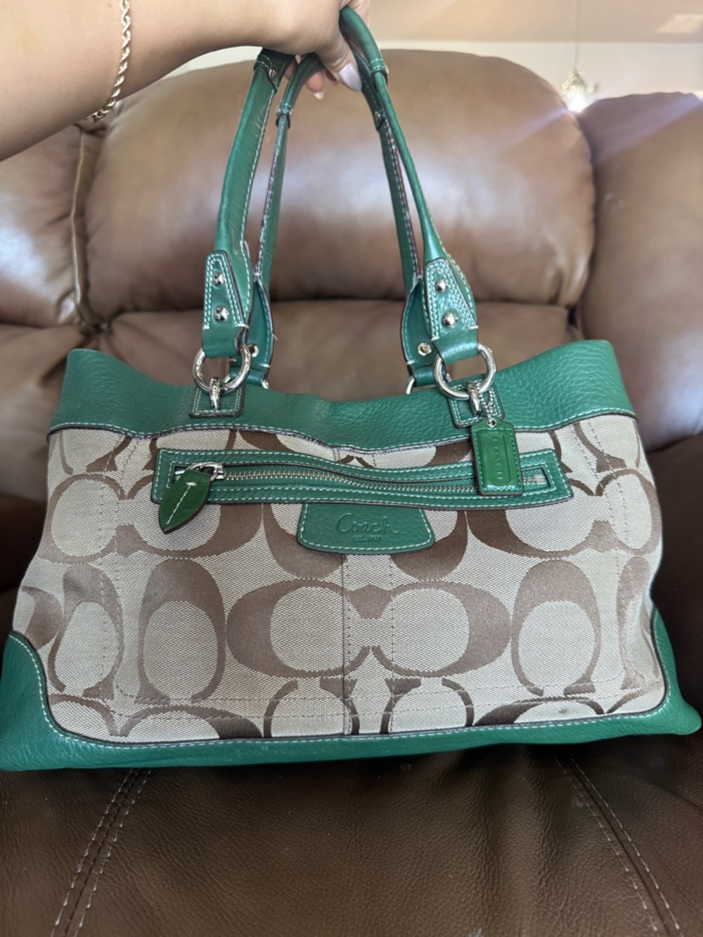 Coach Signature Canvas Tote with Green Leather Trim Penelope satchel y2k vintage